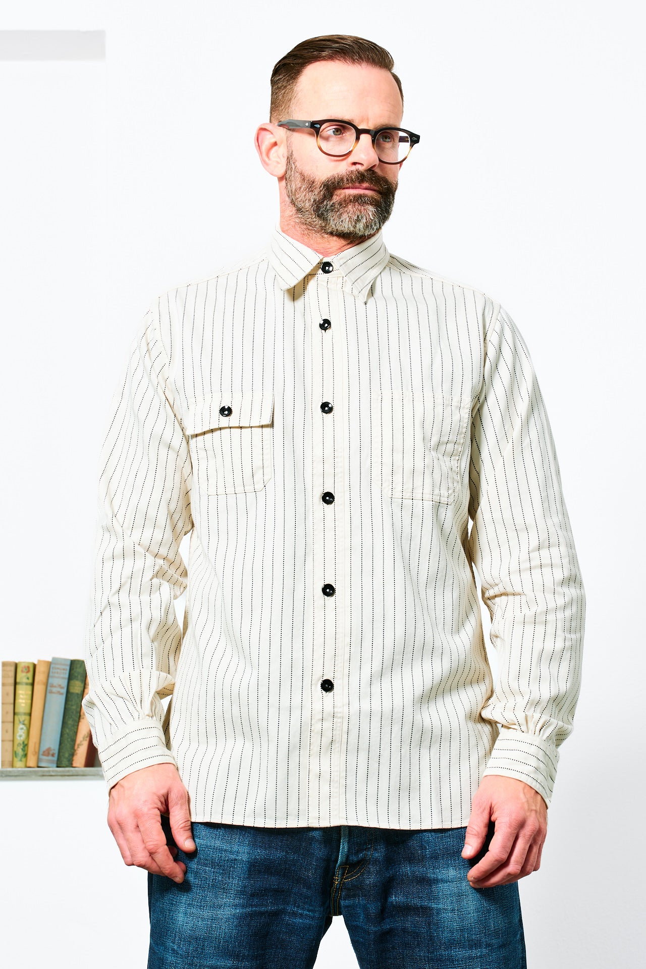 SUGAR CANE - Wabash Stripe Work Shirt | white – Blitz Boutique X