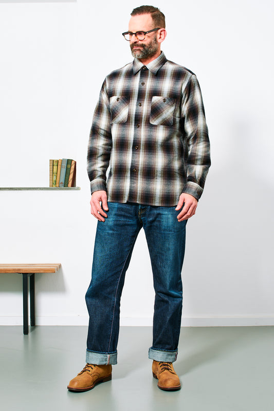SUGAR CANE - Twill Check Work Shirt | brown white