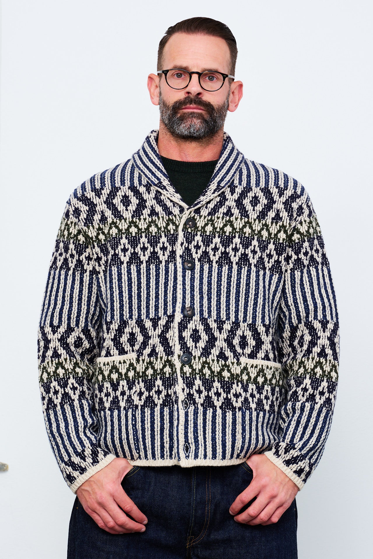 G.R.P. - CASA ISAAC Cardigan FOLK 6 | blue-green offwhite