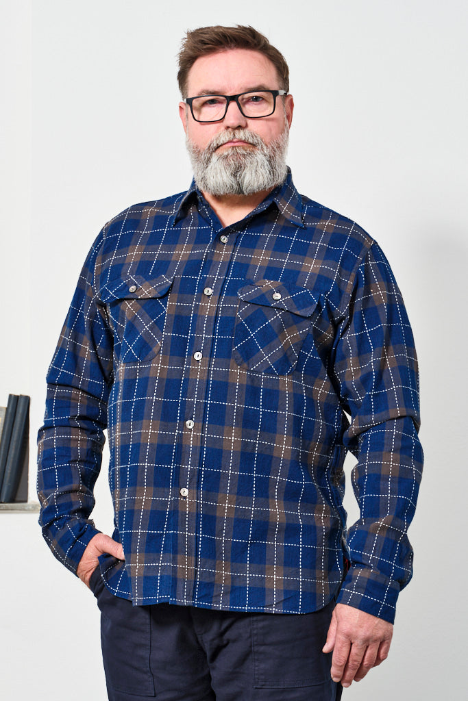 SUGAR CANE - Shirt Indigo Check Sashiko Stitching | indigo