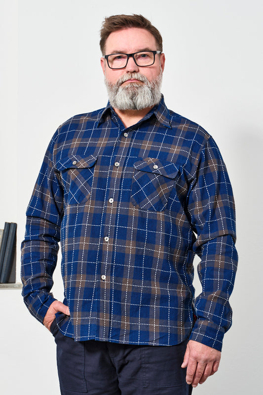 SUGAR CANE - Shirt Indigo Check Sashiko Stitching | indigo