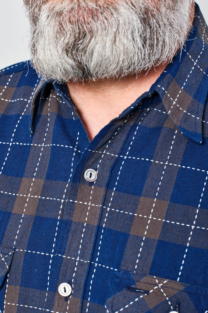 SUGAR CANE - Shirt Indigo Check Sashiko Stitching | indigo