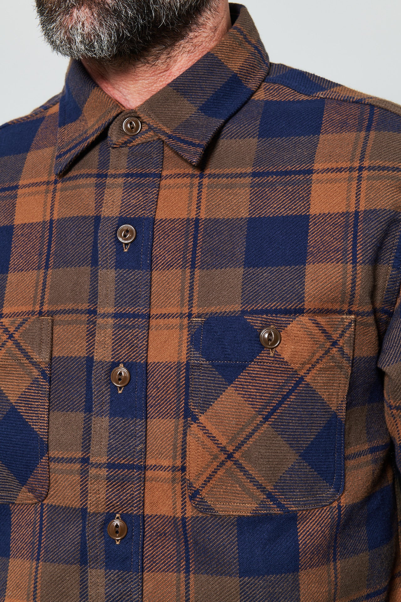 SUGAR CANE - Twill Check Work Shirt | brown blue