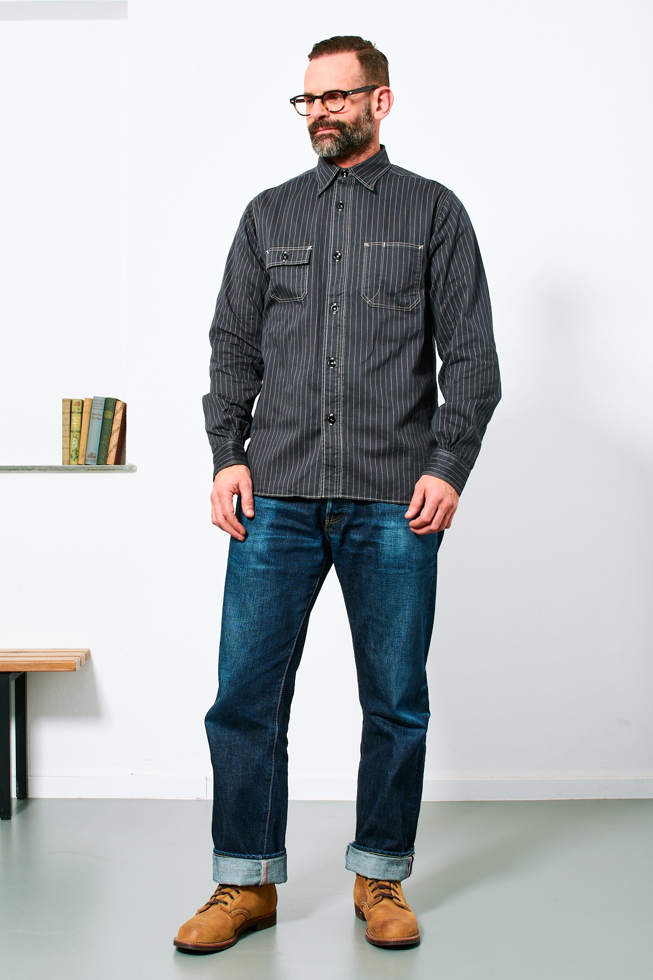 SUGAR CANE - Wabash Stripe Work Shirt | black