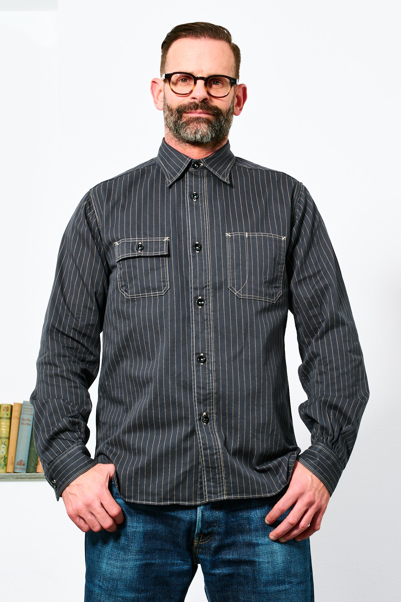 SUGAR CANE - Wabash Stripe Work Shirt | black