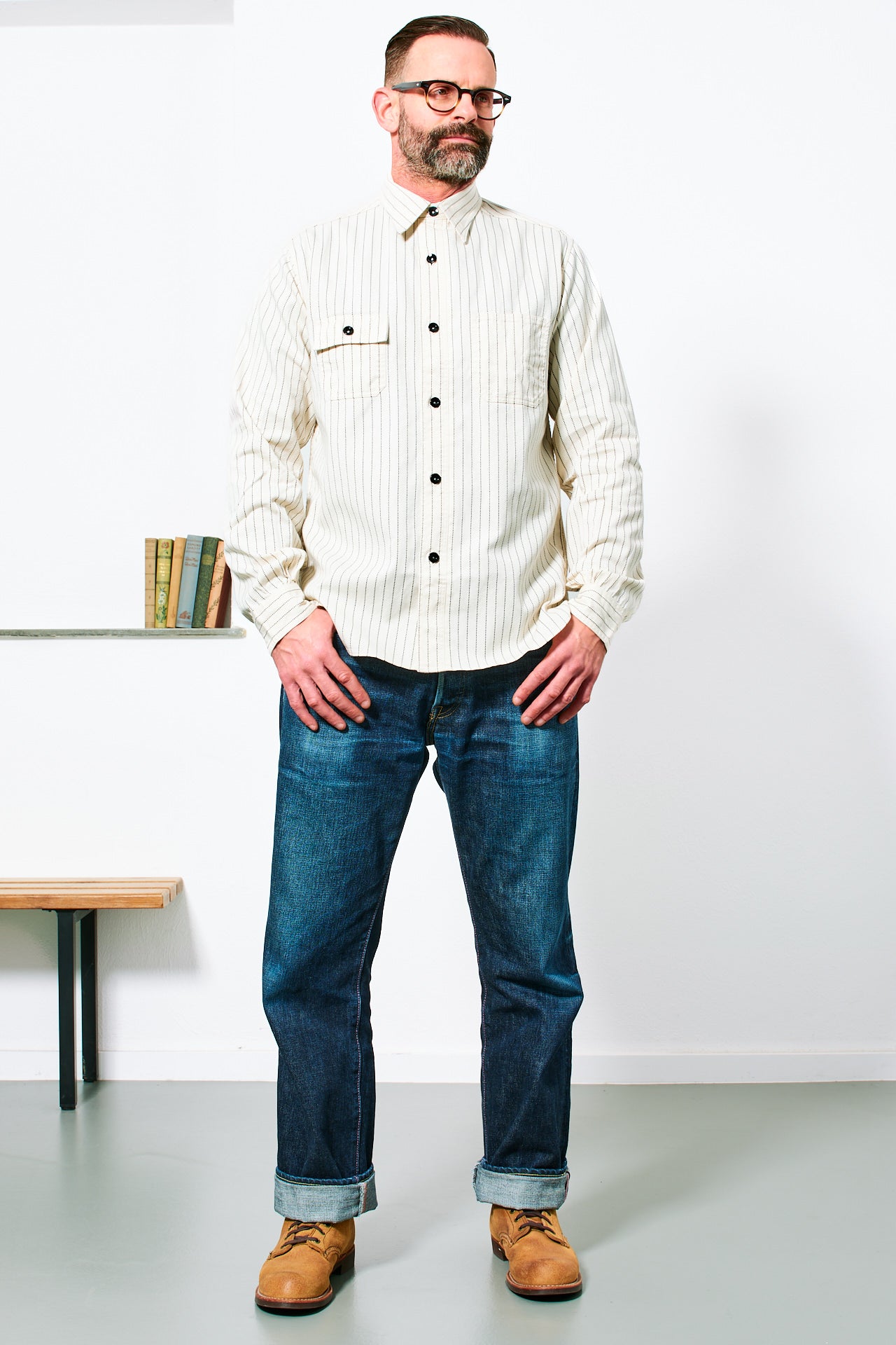 SUGAR CANE - Wabash Stripe Work Shirt | white