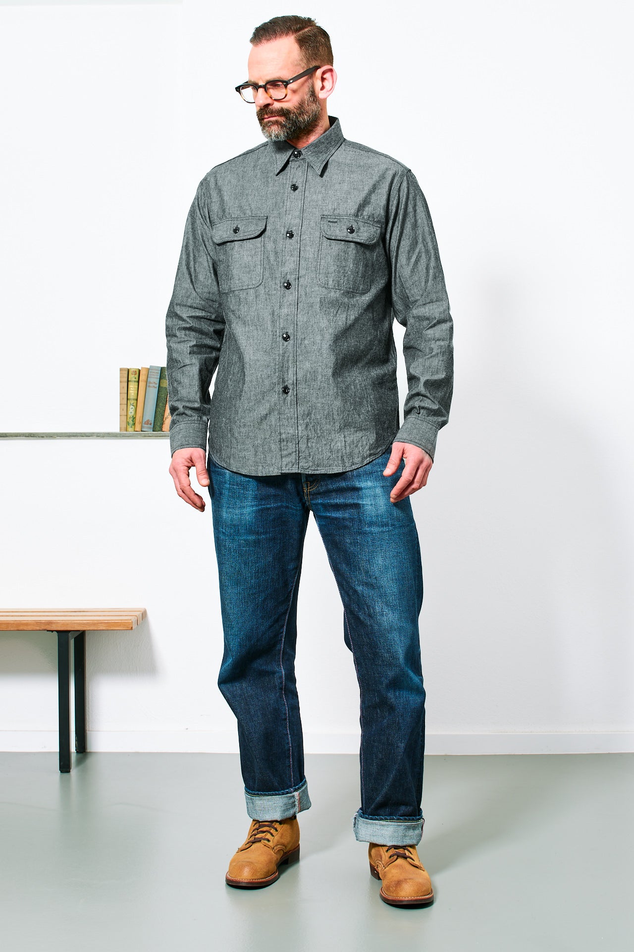SUGAR CANE - Chambray Work Shirt | black