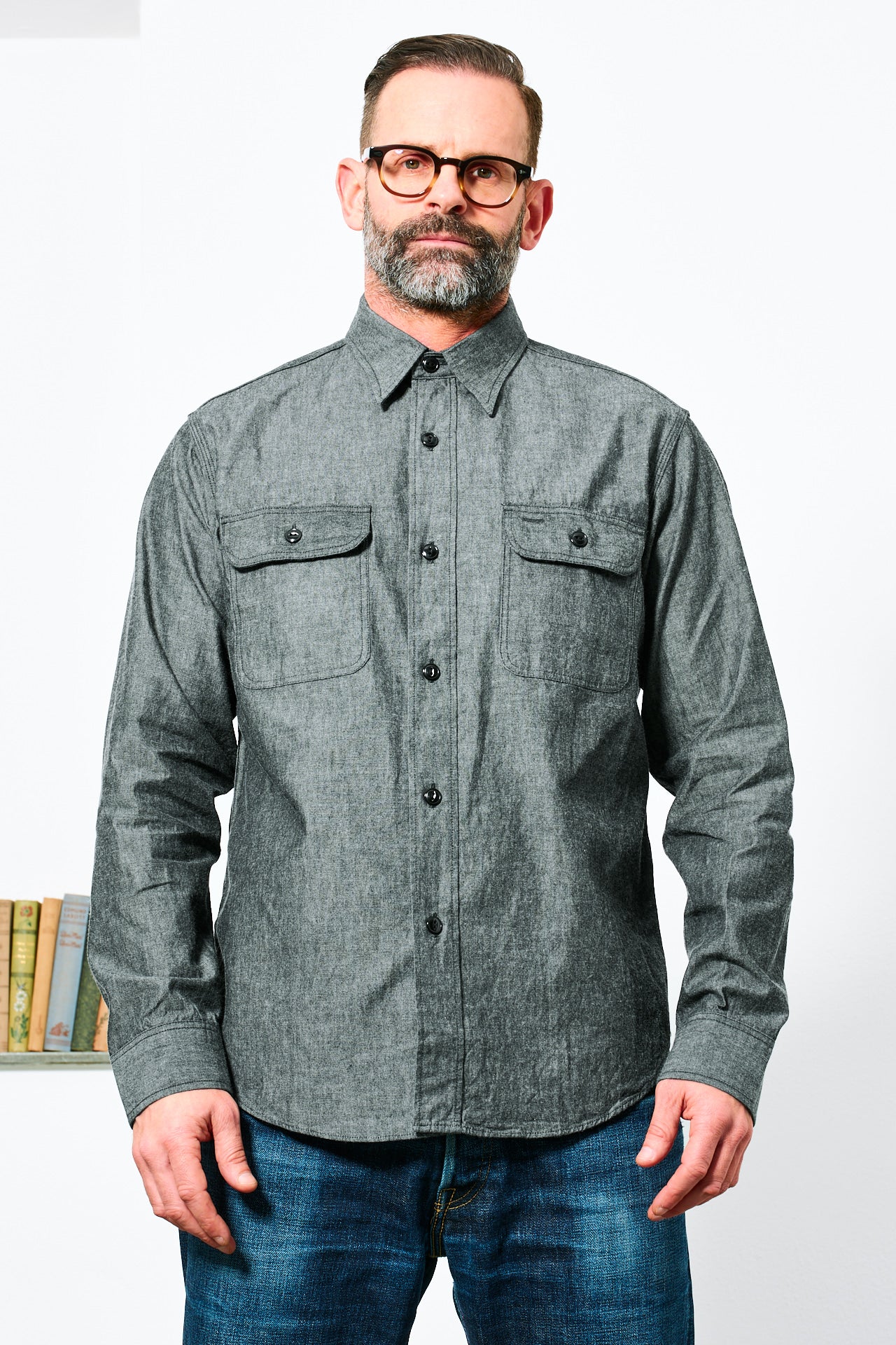 SUGAR CANE - Chambray Work Shirt | black