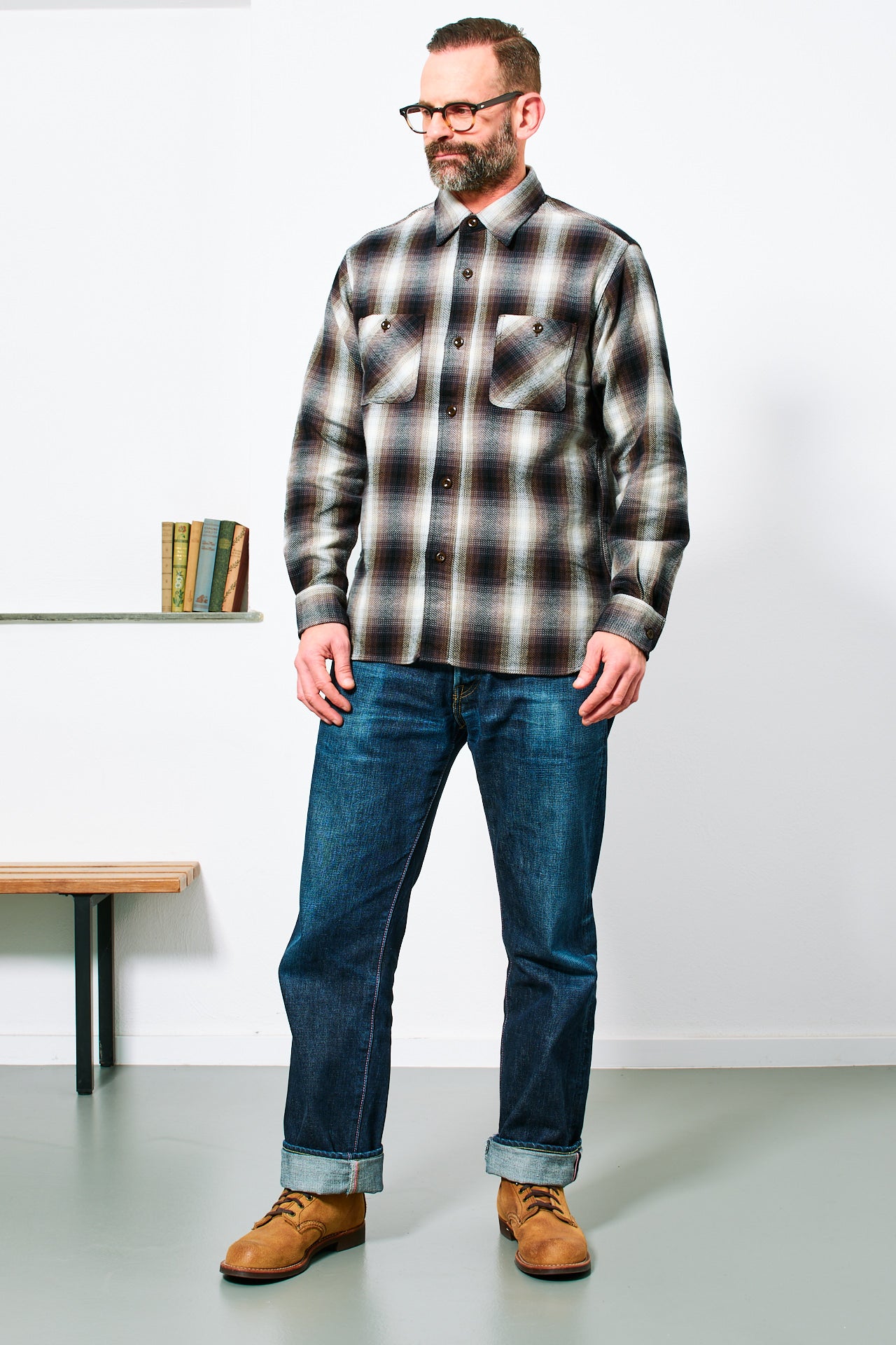 SUGAR CANE - Twill Check Work Shirt | brown white