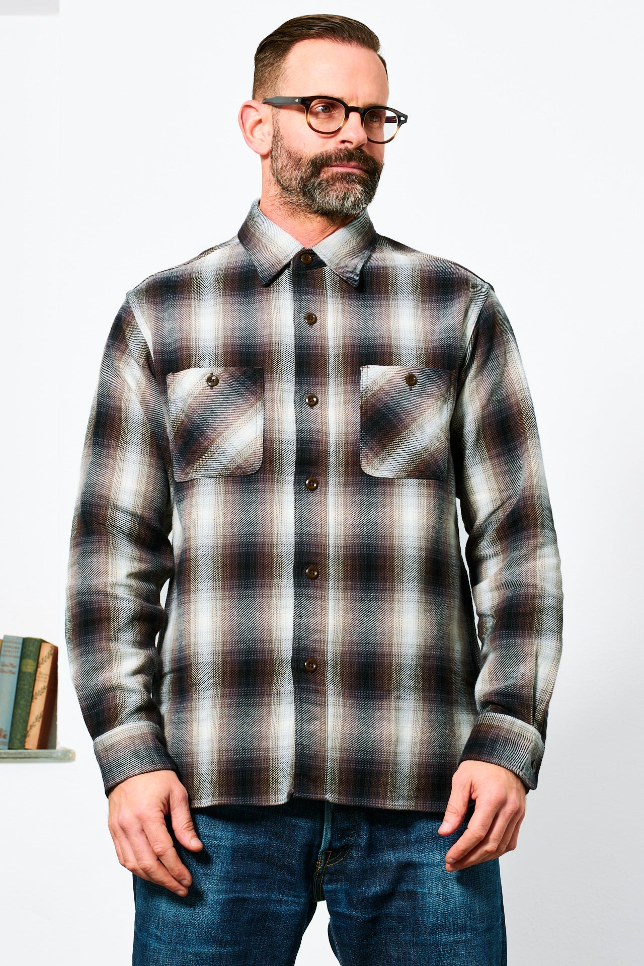 SUGAR CANE - Twill Check Work Shirt | brown white