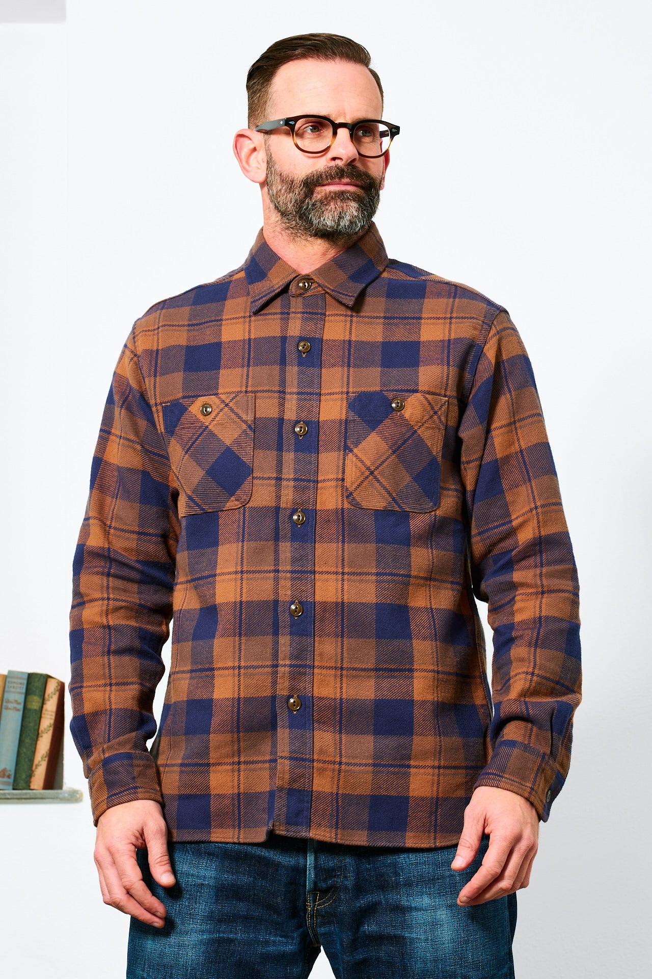 SUGAR CANE - Twill Check Work Shirt | brown blue