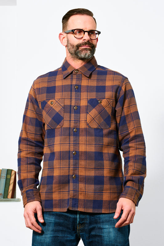 SUGAR CANE - Twill Check Work Shirt | brown blue
