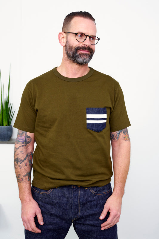 MOMOTARO / T-Shirt GTB DENIM POCKET / olive (vorne)